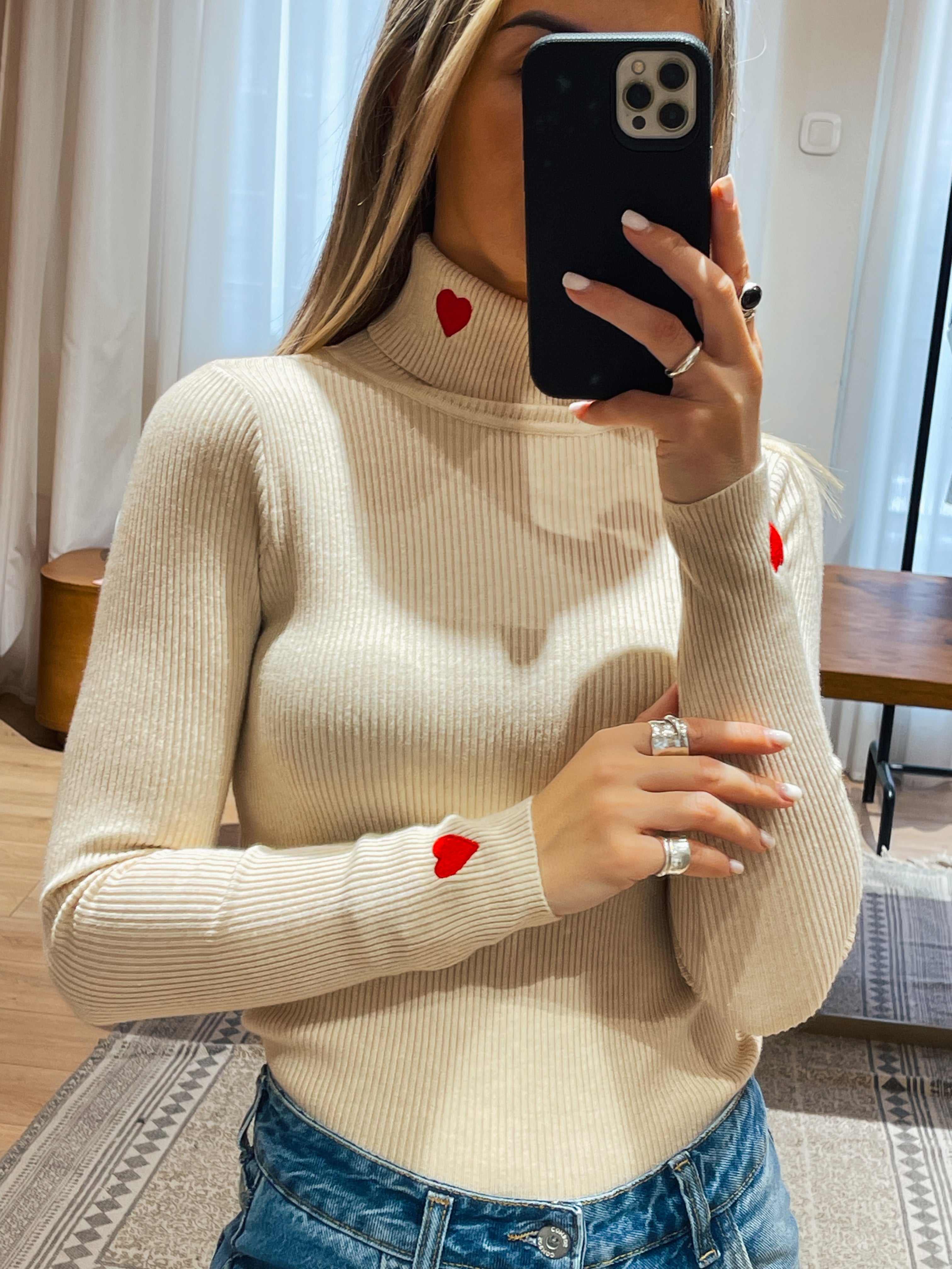 Alina Knit Rib Turtleneck- Beige