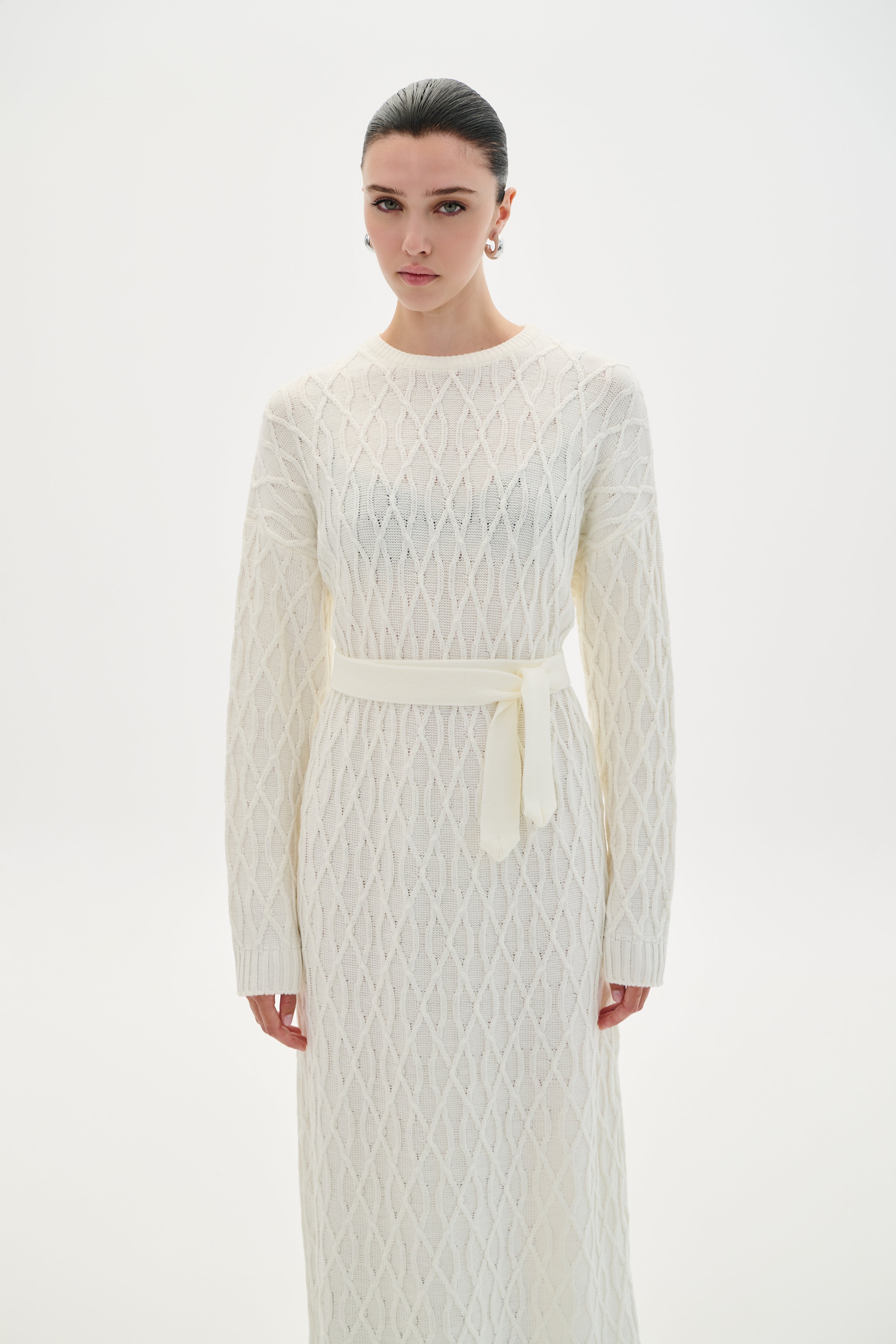 Maxi Dress With Belt - Ecru & Bordeaux