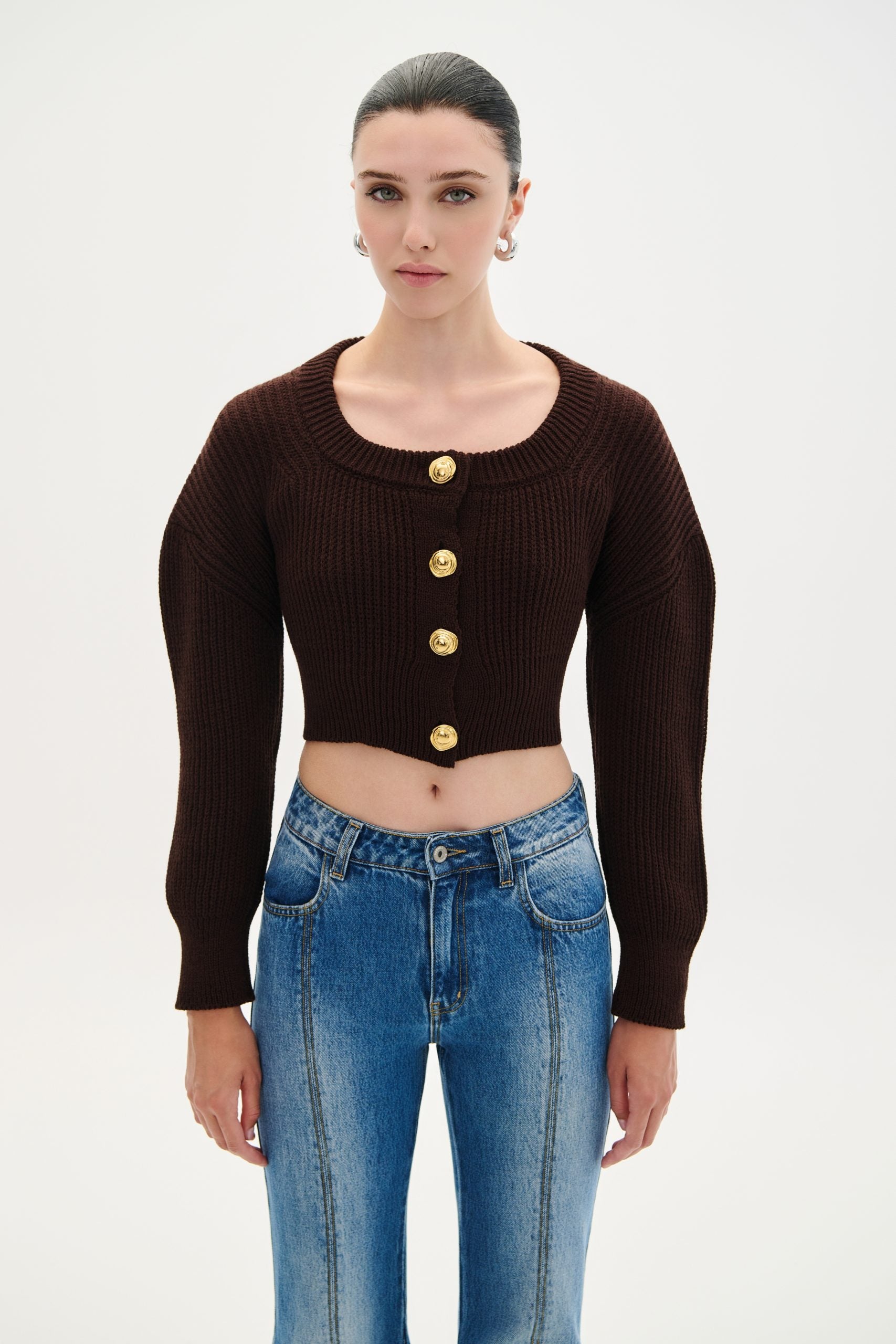 Cardigan Crop Gold Buttons - Brown & Ecru